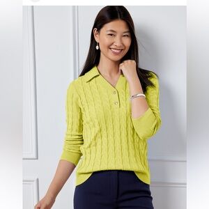 Talbots CABLE KNIT JOHNNY COLLAR SWEATER- yellow with gold buttons size XS